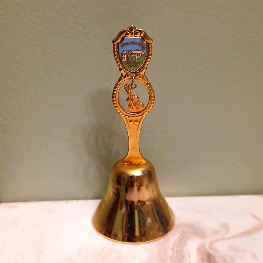 Vintage Brass Souvenir Bell From Graceland Small Guitar Charm Below The Shield